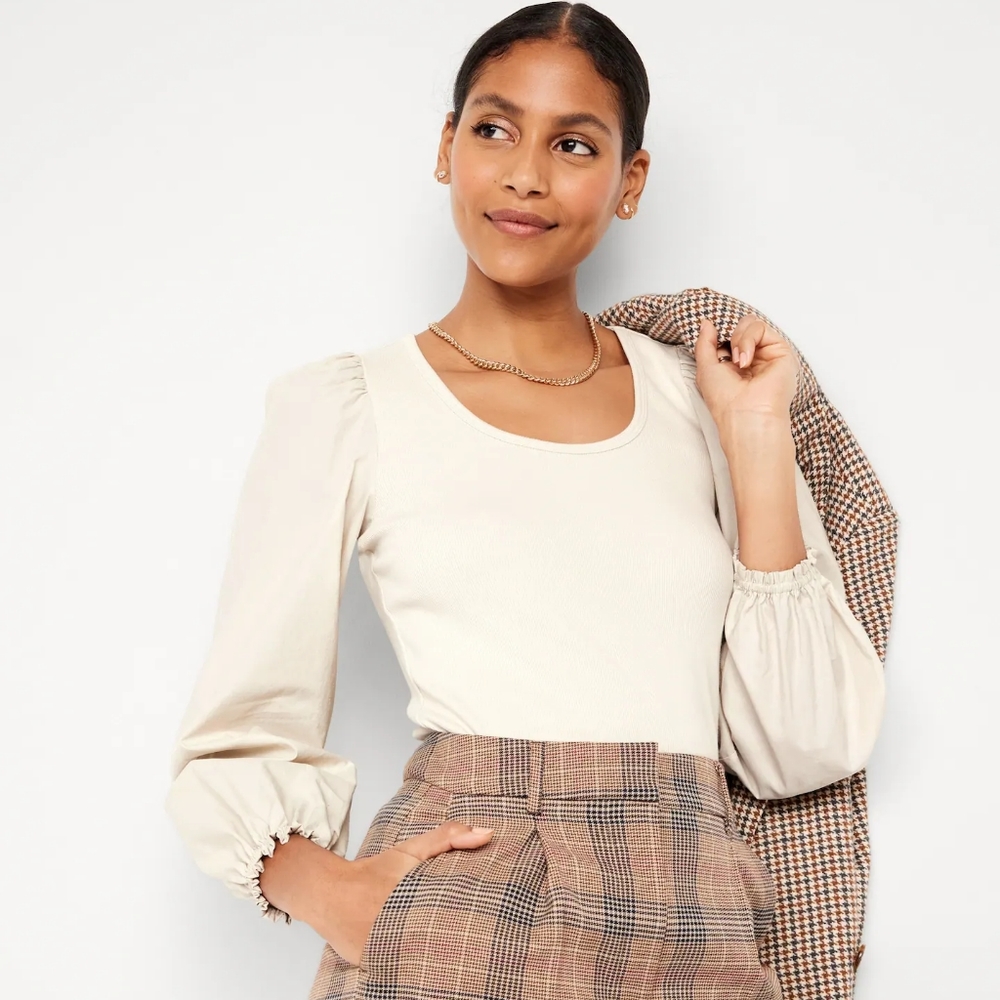 Old Navy Women's Boho Cotton Top Shirt Scoop Neck Puff-Sleeve Size Large Tall